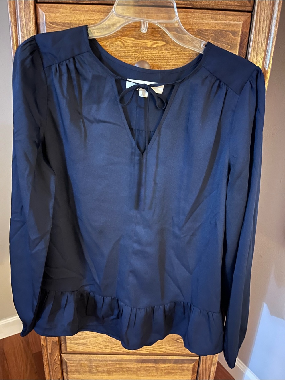 LOFT Navy Long-Sleeve Tie-Neck Ruffle Hem Blouse